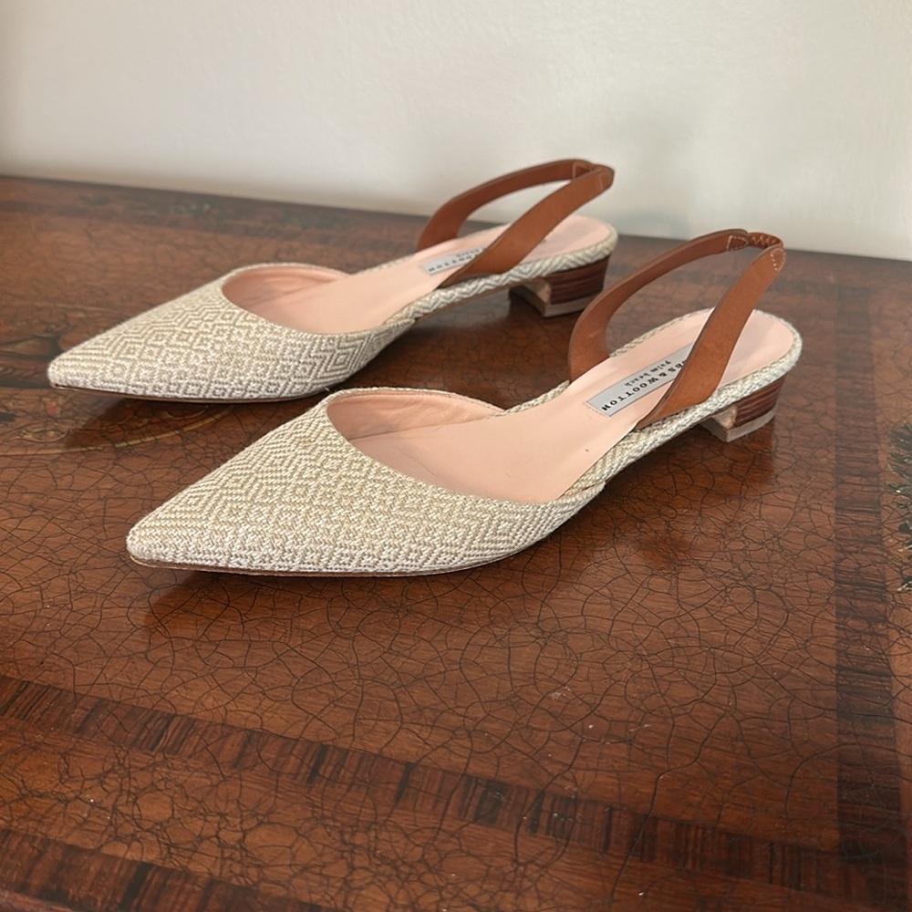 Stubbs & Wootton Cream Patterned Pointed Slingback Mules with Brown Straps